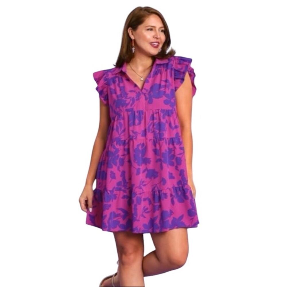 Umgee Pink and Purple Floral Print Babydoll Dress Size Large